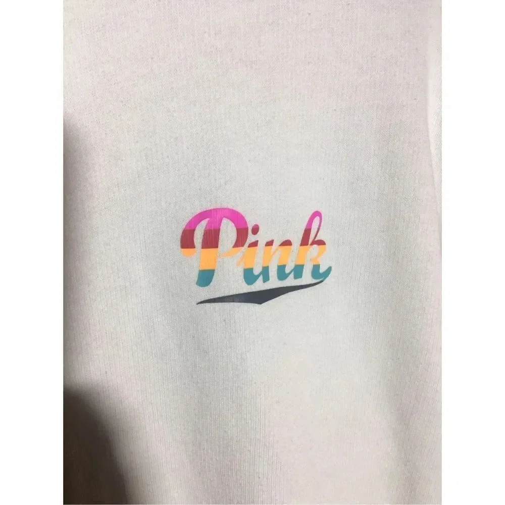 Womens Pink Victorias Secret Sweater Cowl Neck White Rainbow Logo Casual - Picture 2 of 6